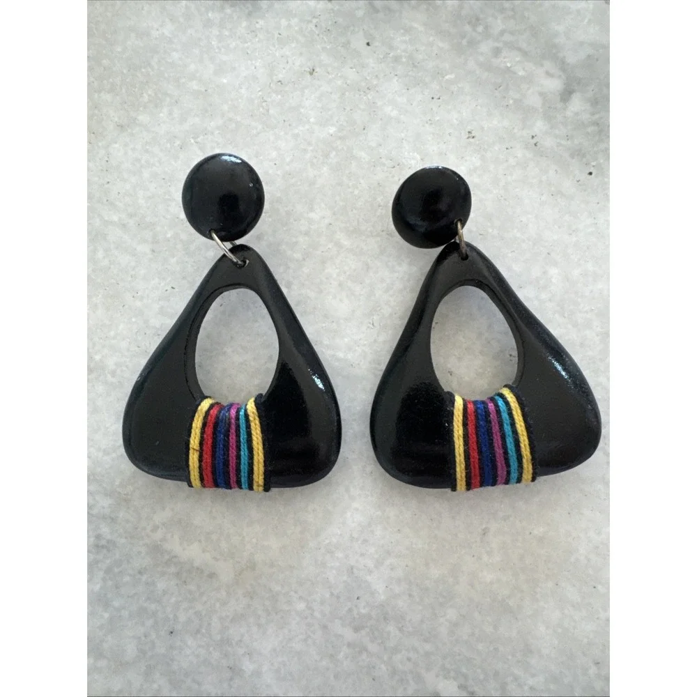 Vintage 1980's Black Dangle Earrings With‎ Rainbow Stripe